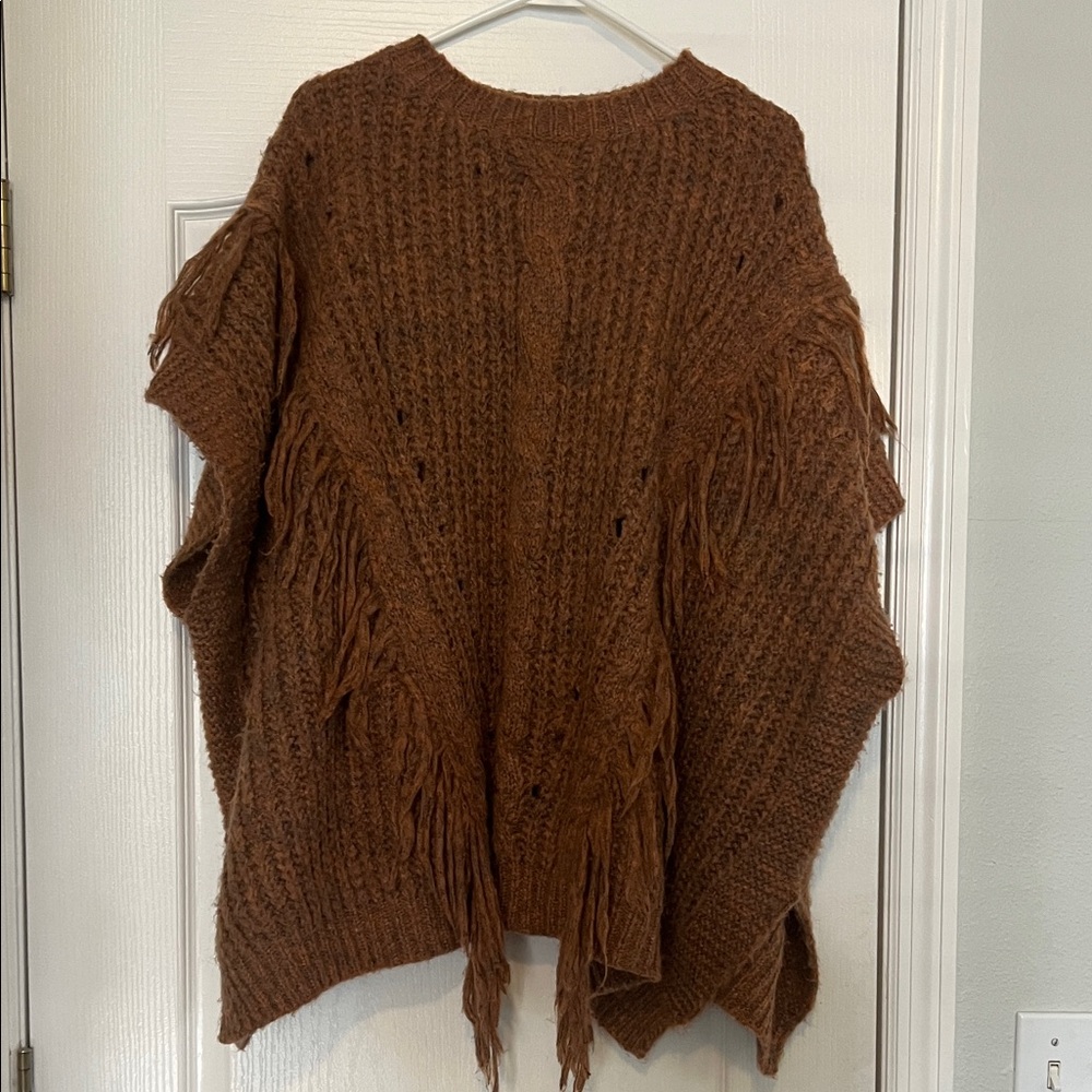 Anthropologie Brown Fringe Poncho one size cozy knit